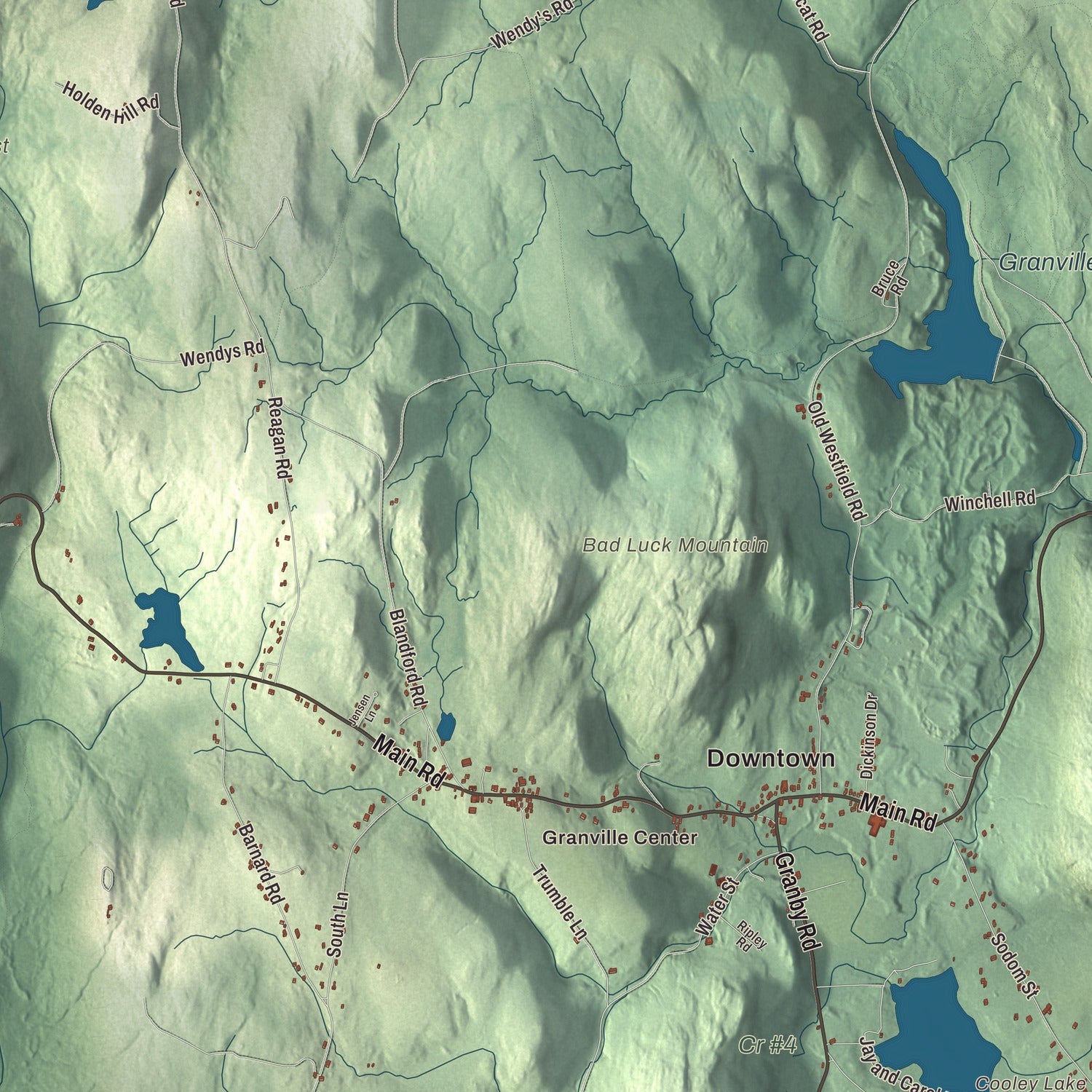 Terrain and local geography detail from the Granville, Massachusetts map