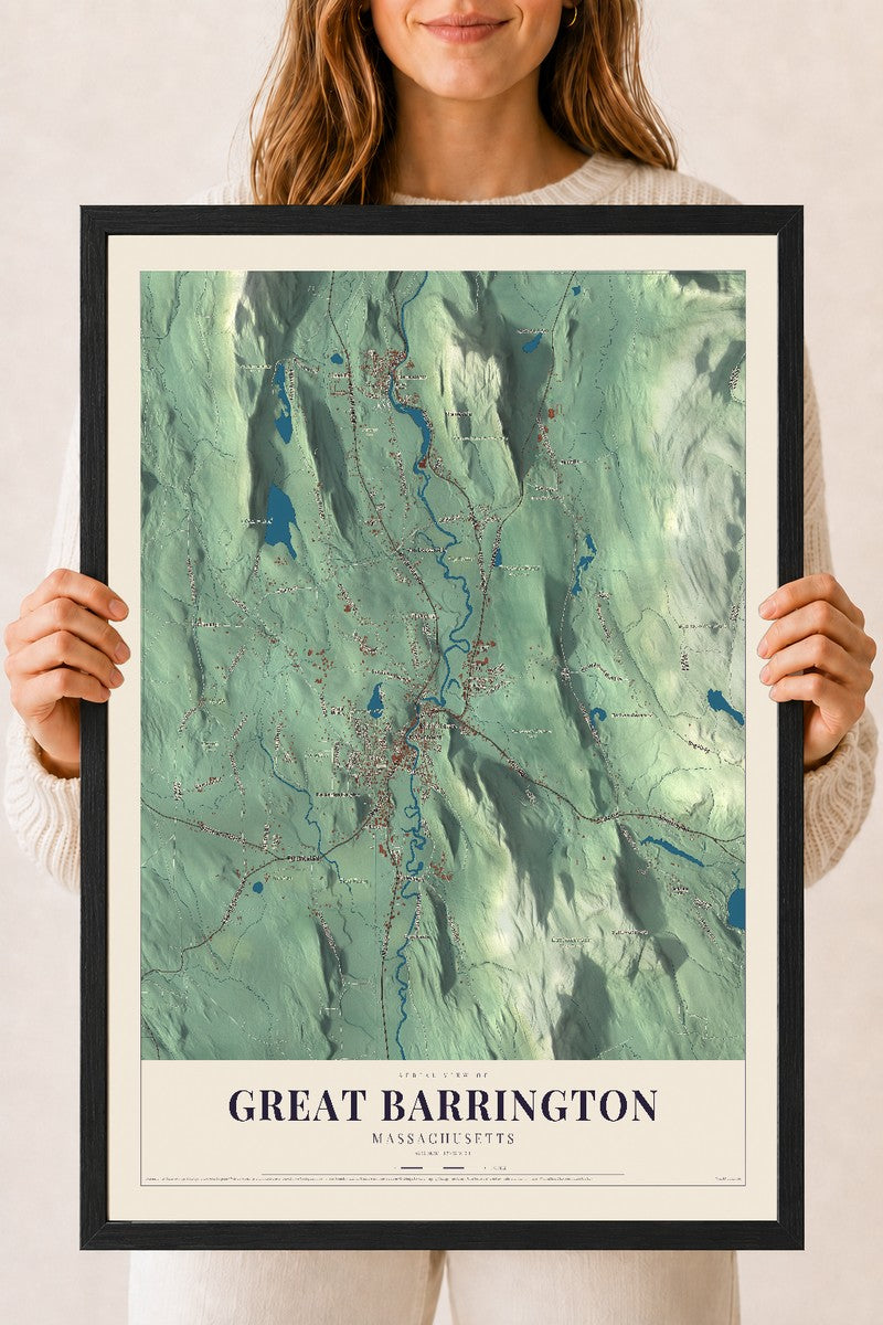 Great Barrington, Massachusetts map print - 18 x 24 black Ayous wood frame