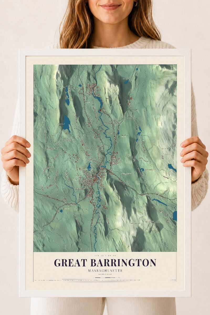 Great Barrington, Massachusetts map print - 18 x 24 white Ayous wood frame