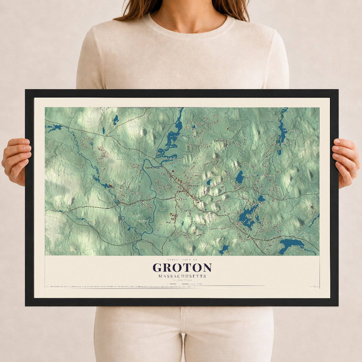 Groton, Massachusetts map print - 12 x 18 black Ayous wood frame