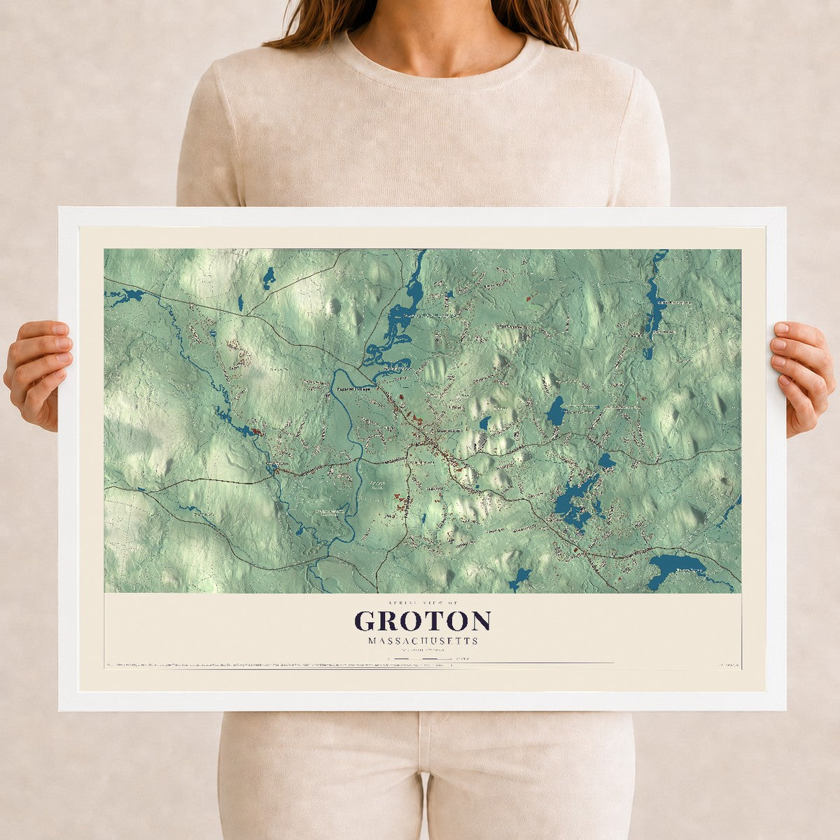Groton, Massachusetts map print - 12 x 18 white Ayous wood frame
