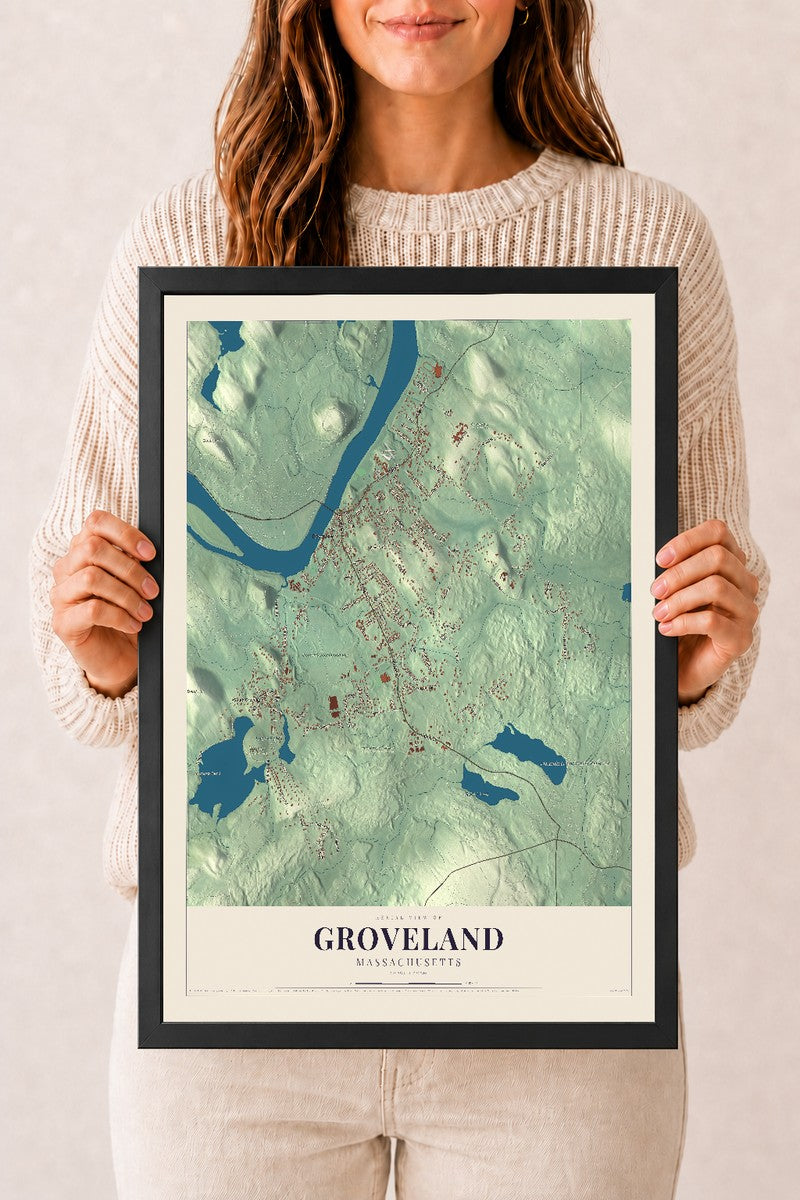 Groveland, Massachusetts map print - 12 x 18 black Ayous wood frame