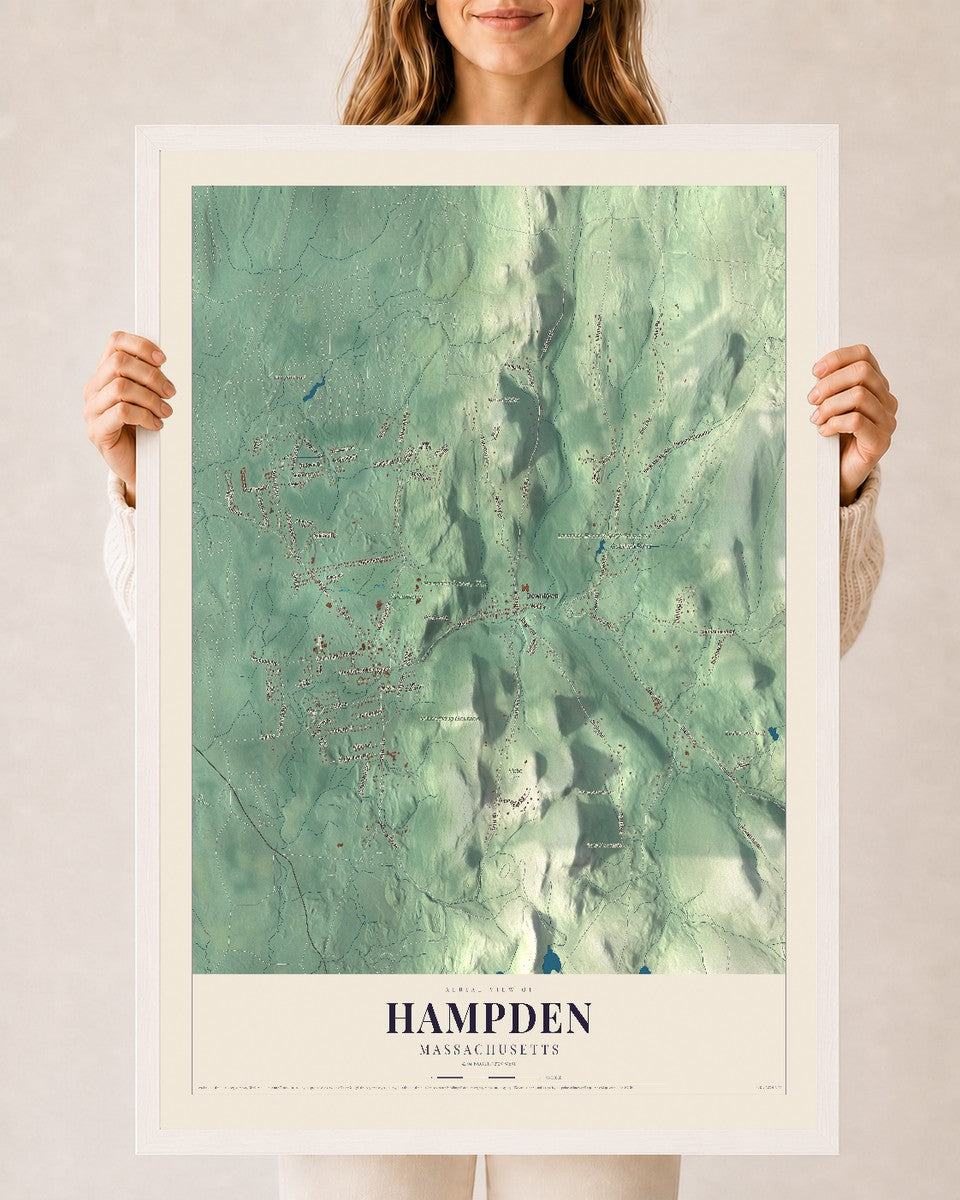 Hampden, Massachusetts map print - 24 x 36 white Ayous wood frame
