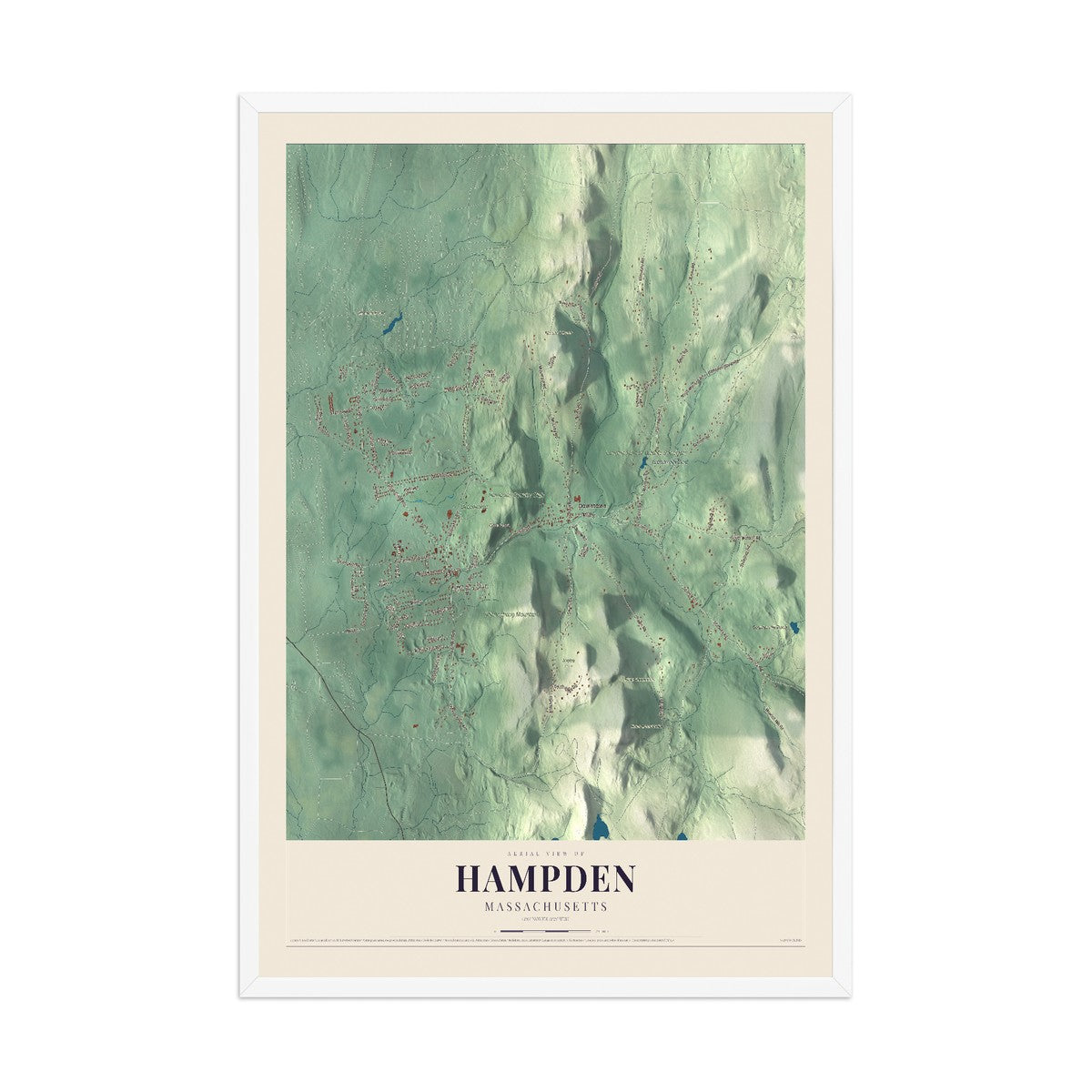 Map of Hampden, Massachusetts, 12 x 18 inch print in a white wood frame