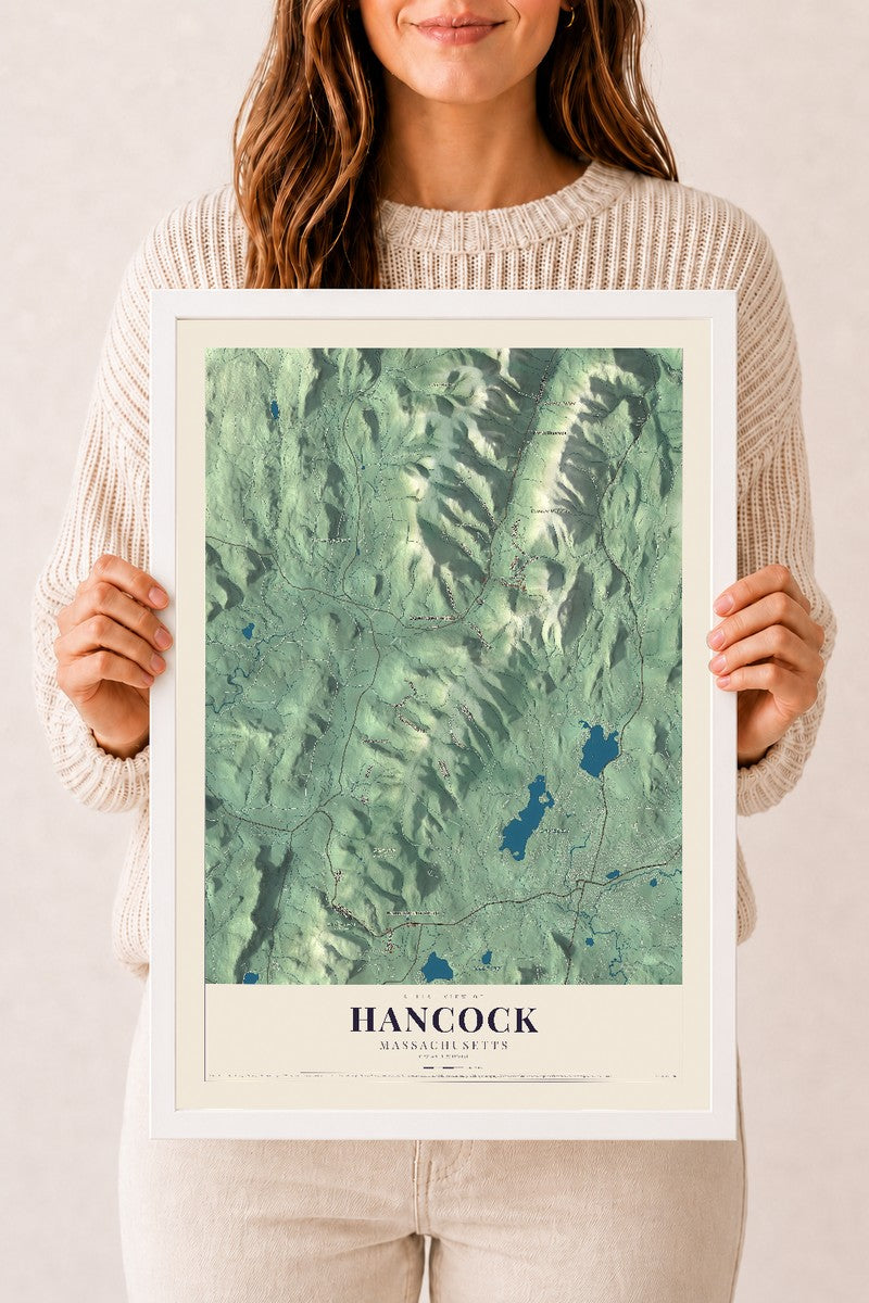 Hancock, Massachusetts map print - 12 x 18 white Ayous wood frame