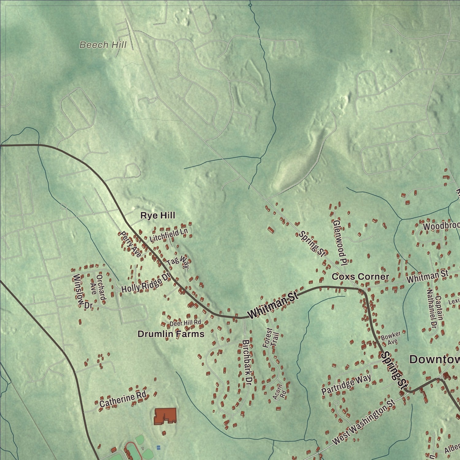 Terrain and local geography detail from the Hanson, Massachusetts map