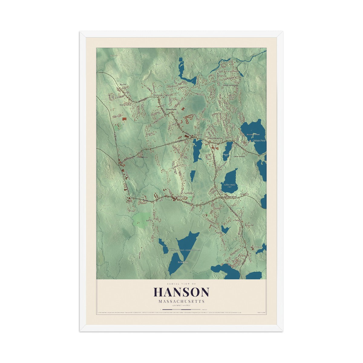 Map of Hanson, Massachusetts, 12 x 18 inch print in a white wood frame