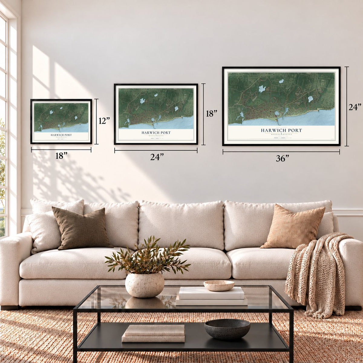 Harwich Port, Massachusetts map in 12 x 18, 18 x 24 and 24 x 36 inch sizes above a sofa