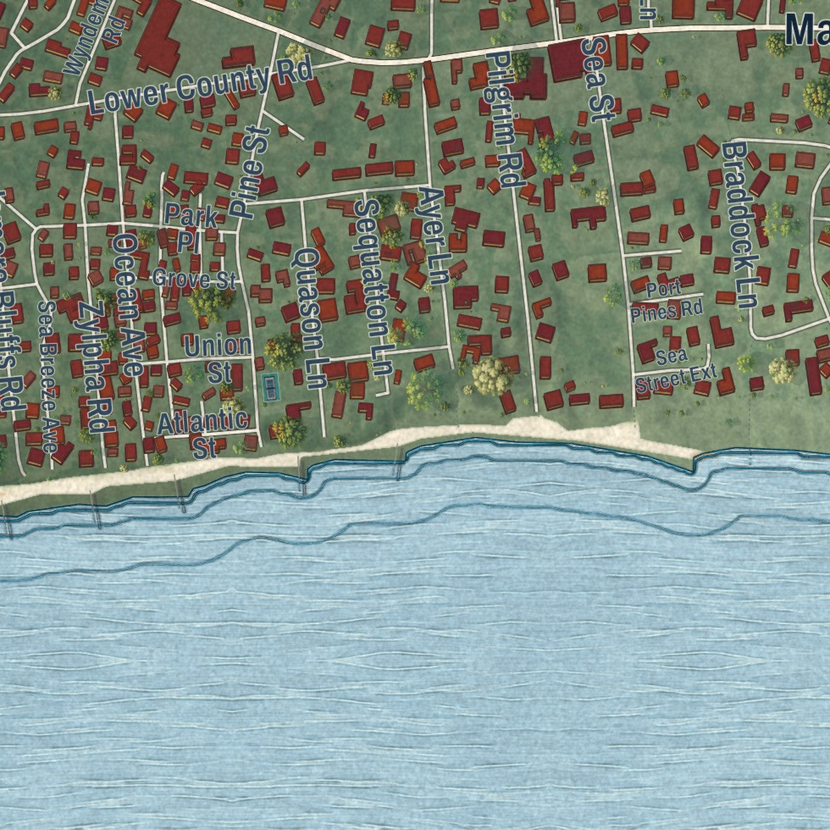 Close-up of the map of Harwich Port, Massachusetts print showing street and building detail