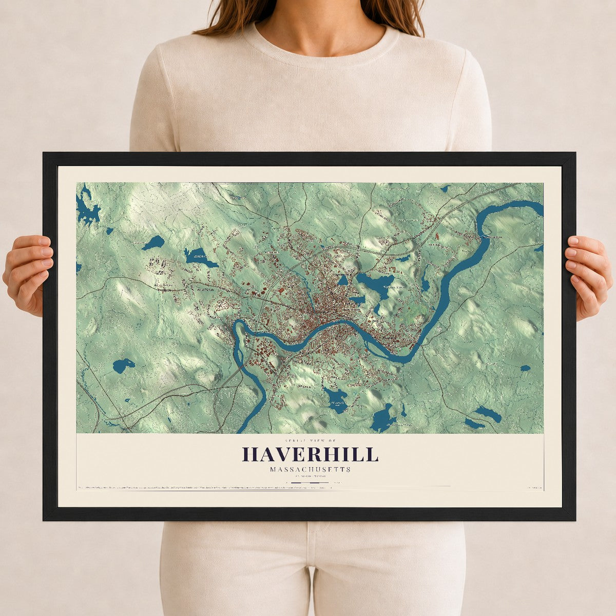 Haverhill, Massachusetts map print - 12 x 18 black Ayous wood frame
