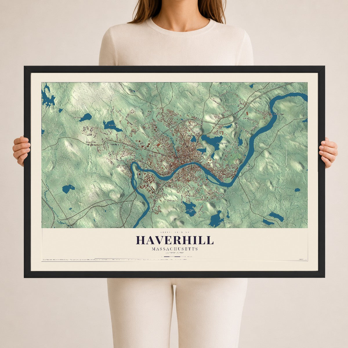 Haverhill, Massachusetts map print - 24 x 36 black Ayous wood frame