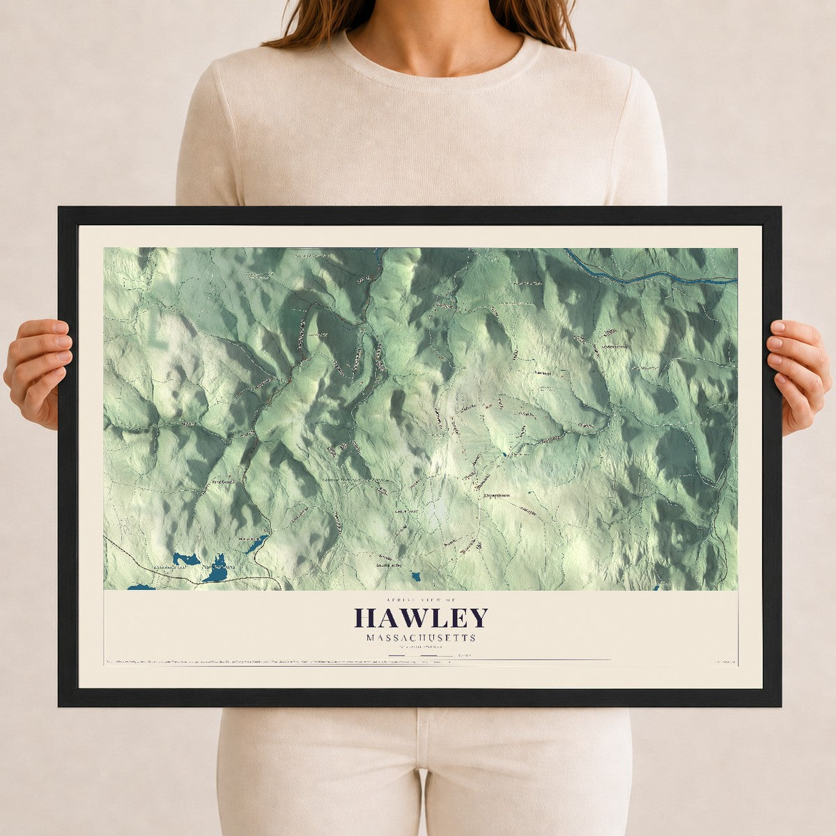 Hawley, Massachusetts map print - 12 x 18 black Ayous wood frame