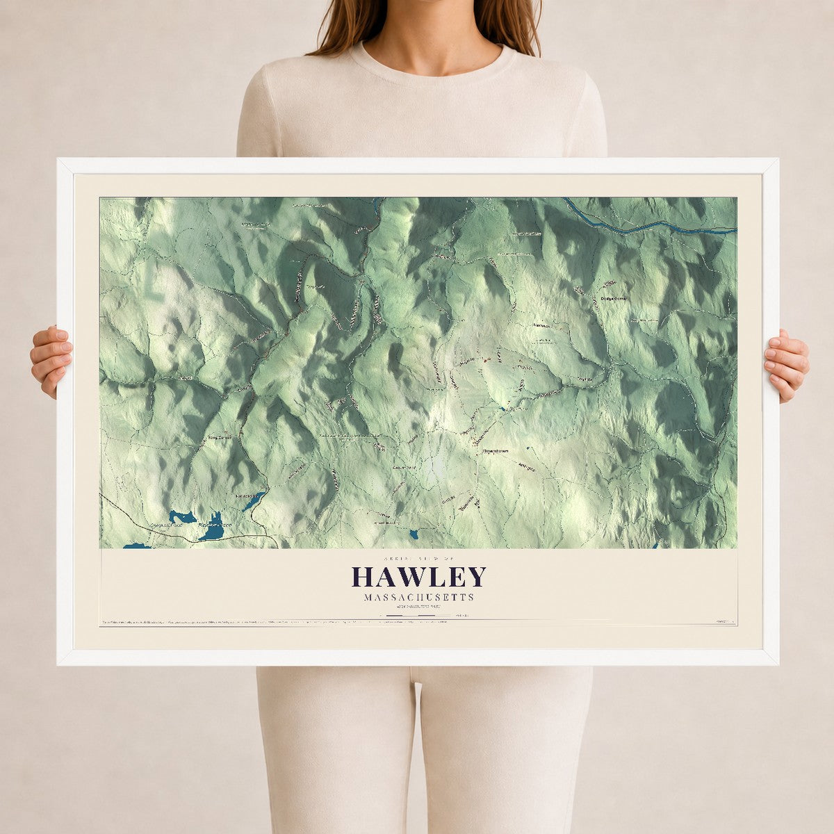 Hawley, Massachusetts map print - 24 x 36 white Ayous wood frame