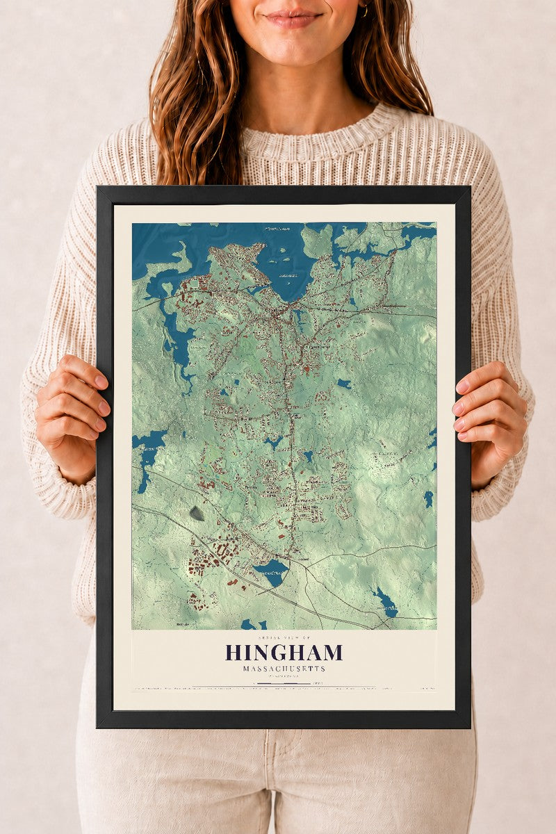 Hingham, Massachusetts map print - 12 x 18 black Ayous wood frame