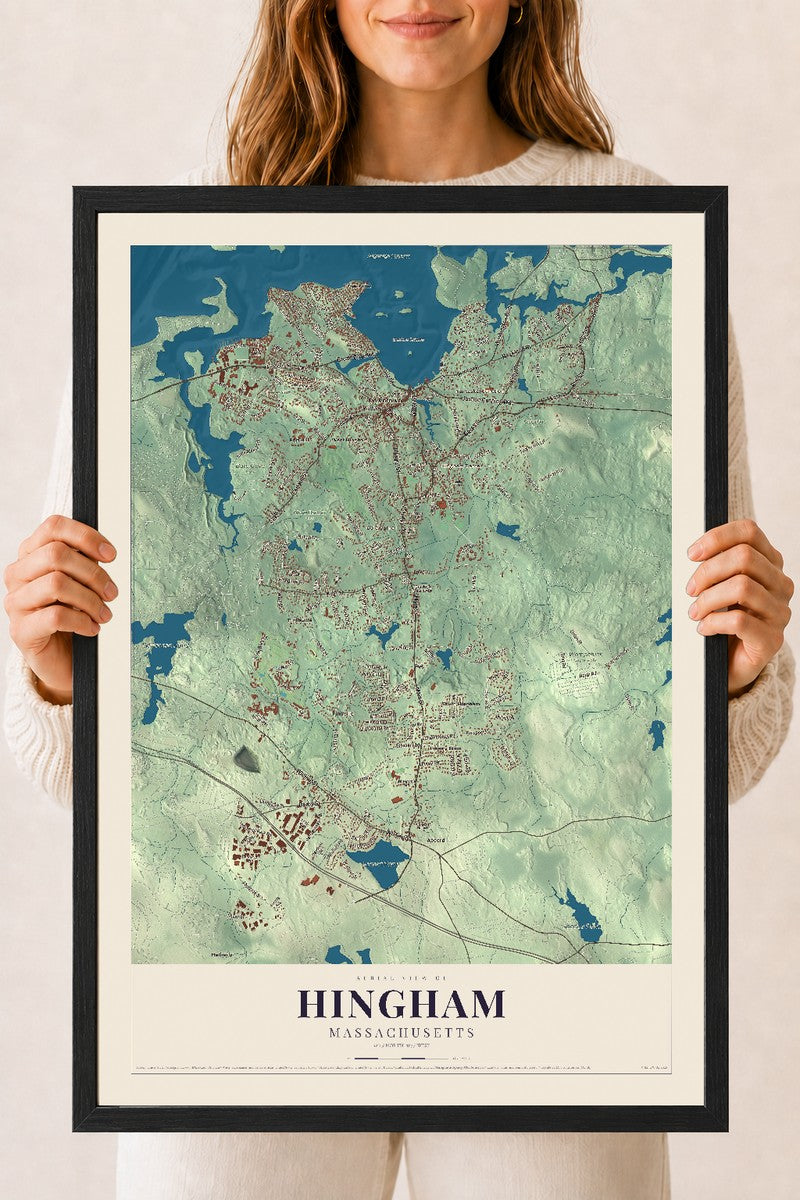 Hingham, Massachusetts map print - 18 x 24 black Ayous wood frame