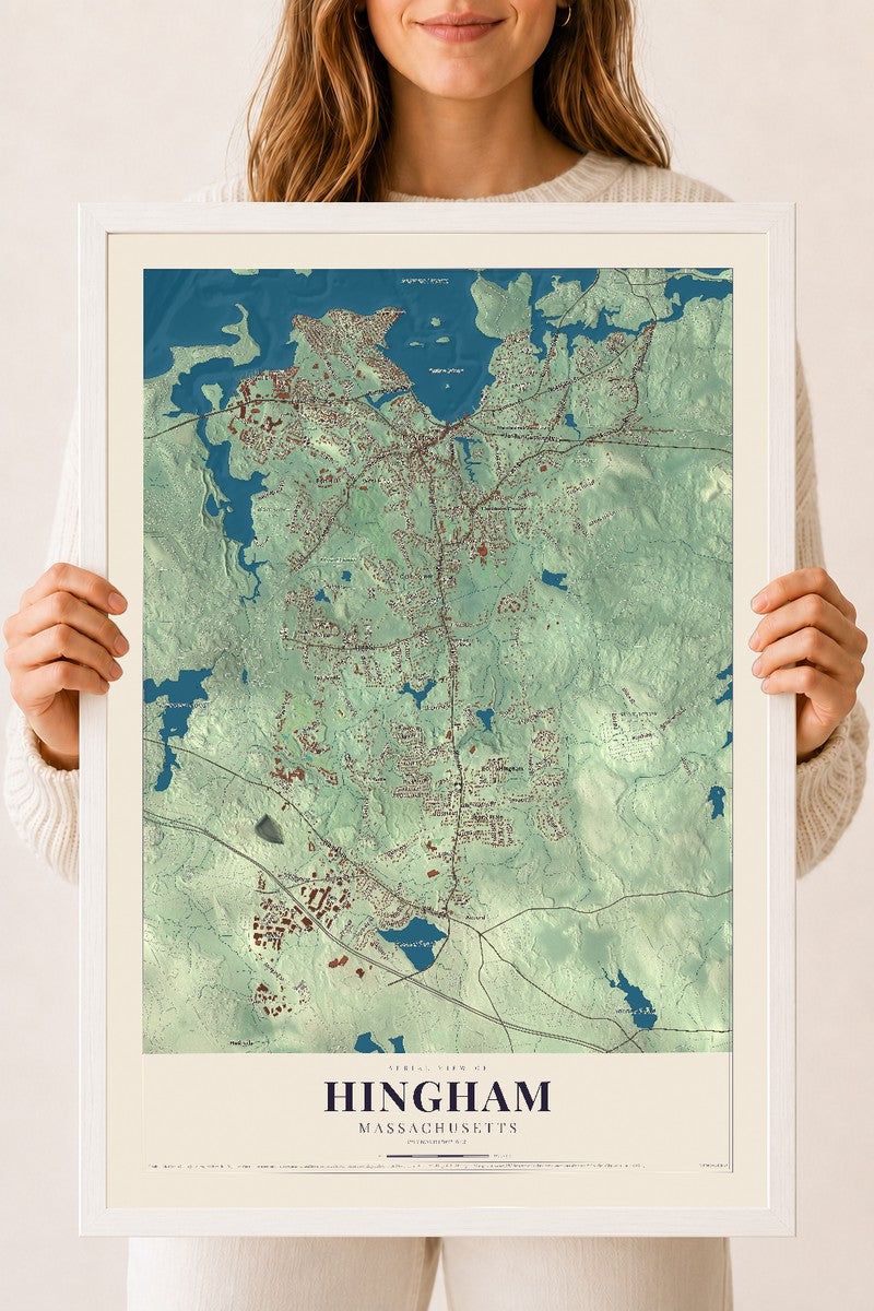 Hingham, Massachusetts map print - 18 x 24 white Ayous wood frame