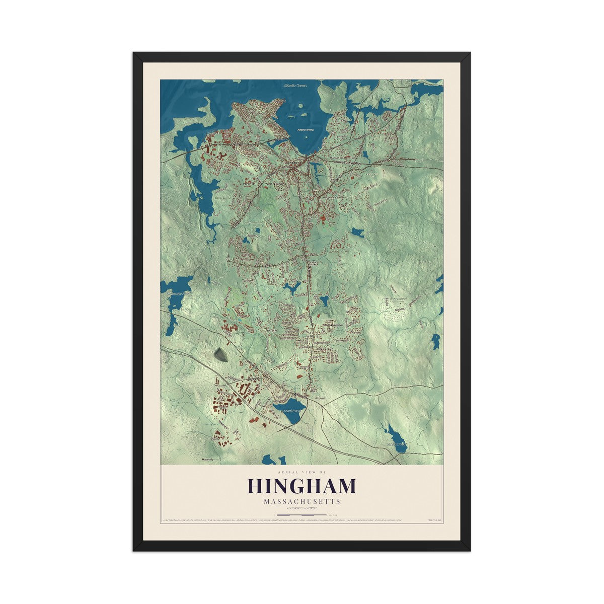 Map of Hingham, Massachusetts, 12 x 18 inch print in a black wood frame
