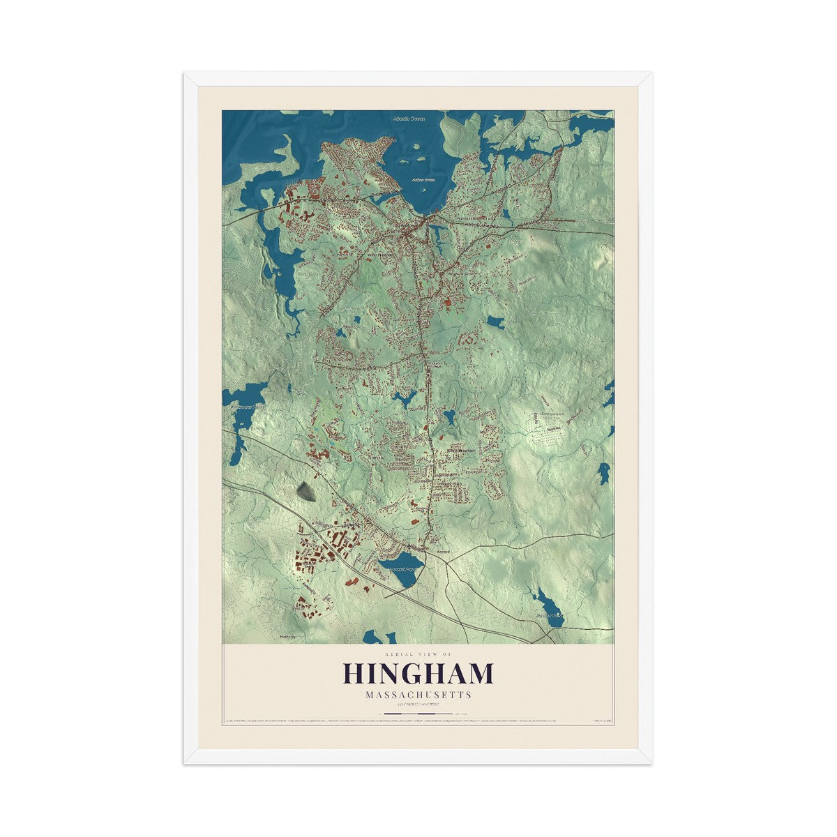 Map of Hingham, Massachusetts, 12 x 18 inch print in a white wood frame