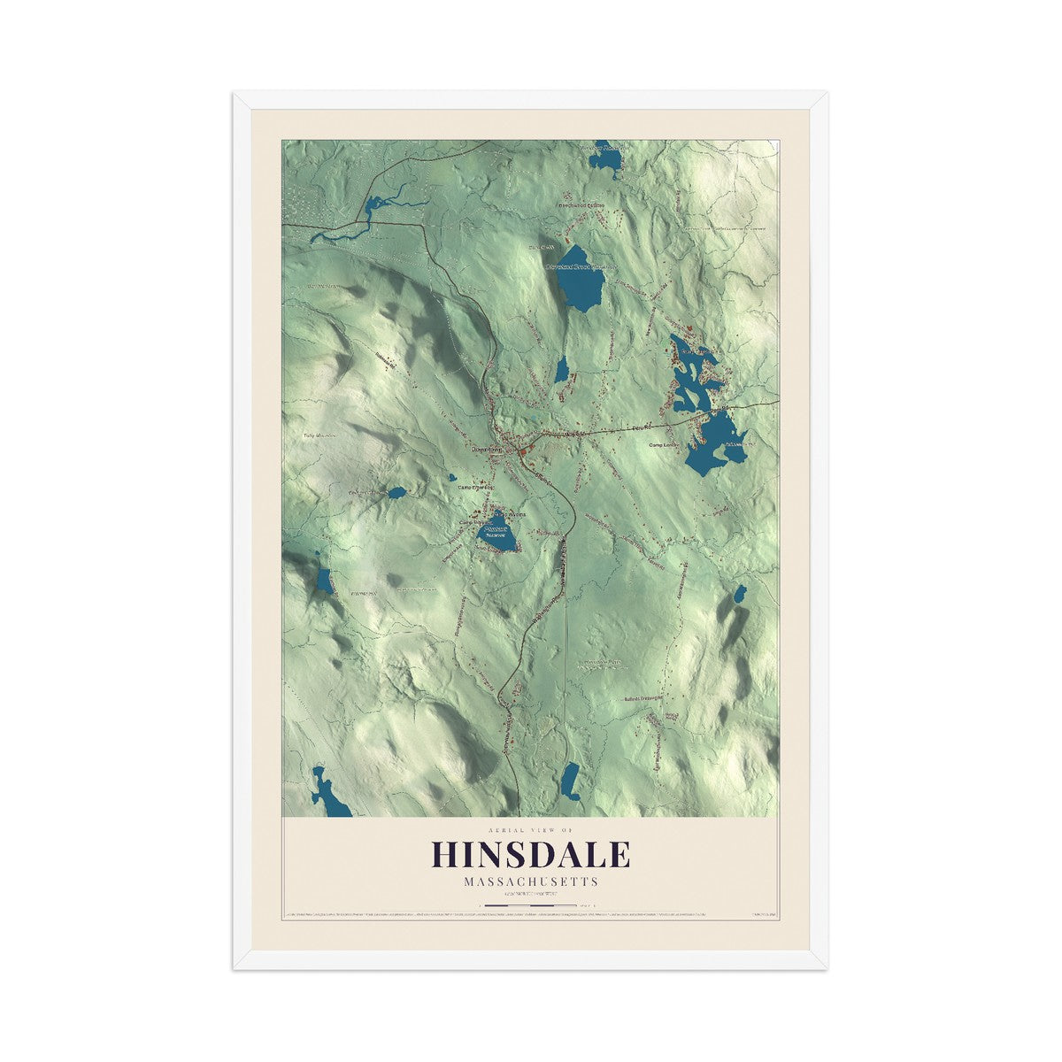 Map of Hinsdale, Massachusetts, 12 x 18 inch print in a white wood frame