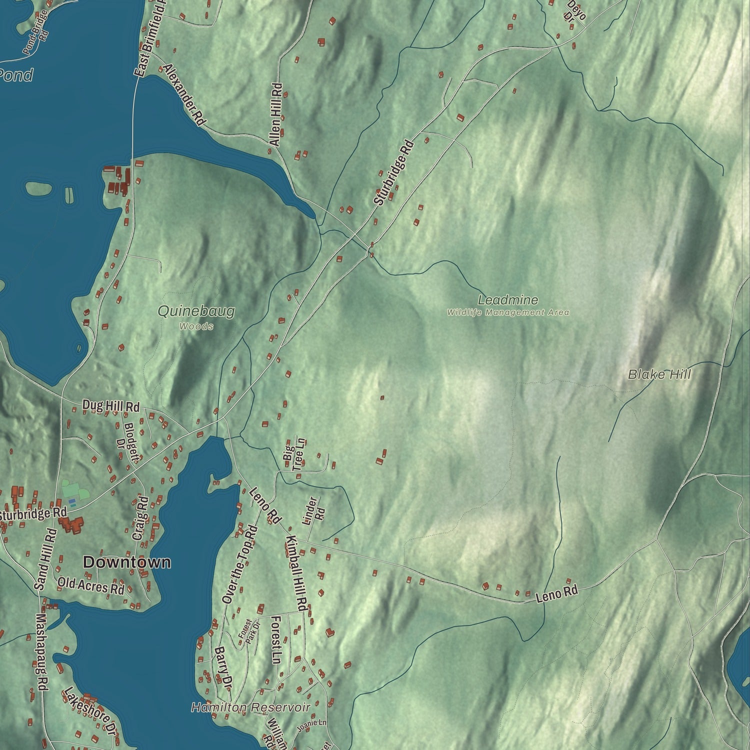 Terrain and local geography detail from the Holland, Massachusetts map