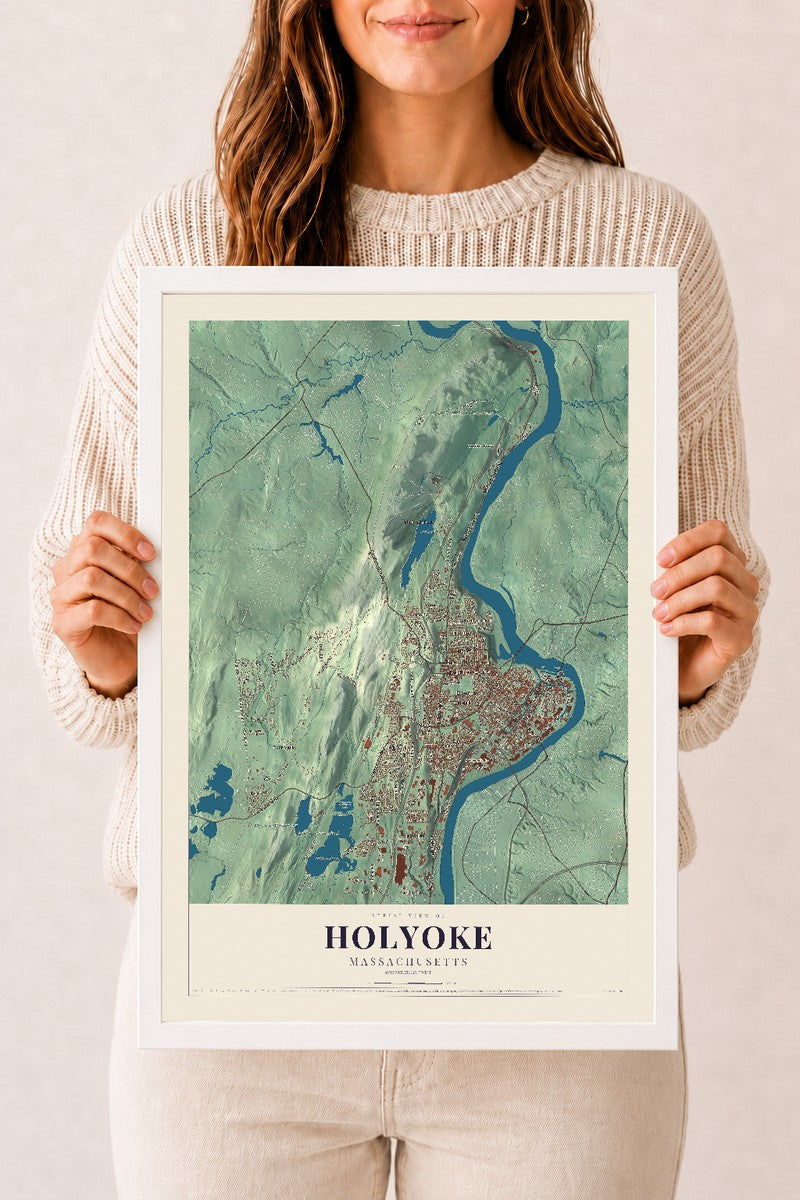 Holyoke, Massachusetts map print - 12 x 18 white Ayous wood frame