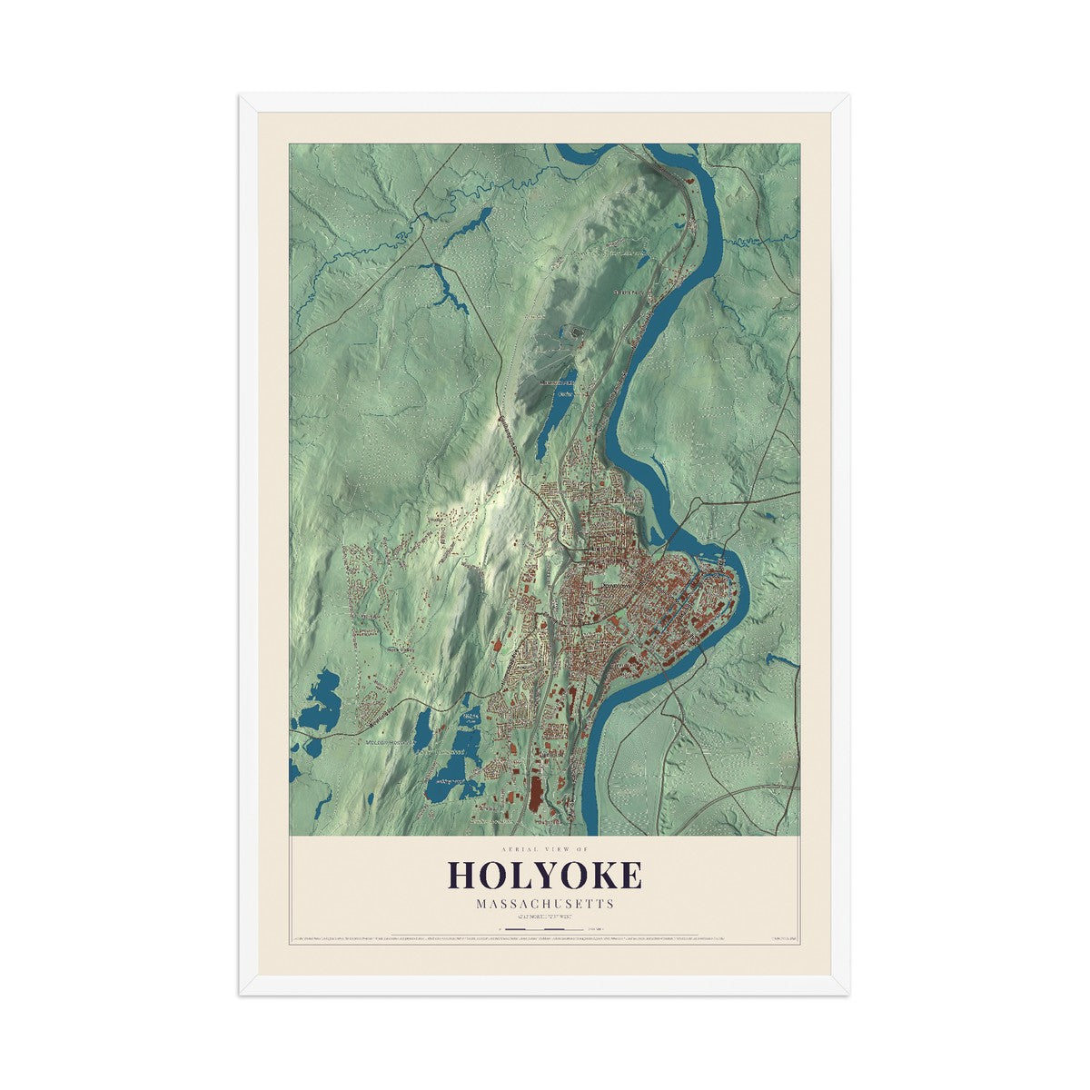 Map of Holyoke, Massachusetts, 12 x 18 inch print in a white wood frame