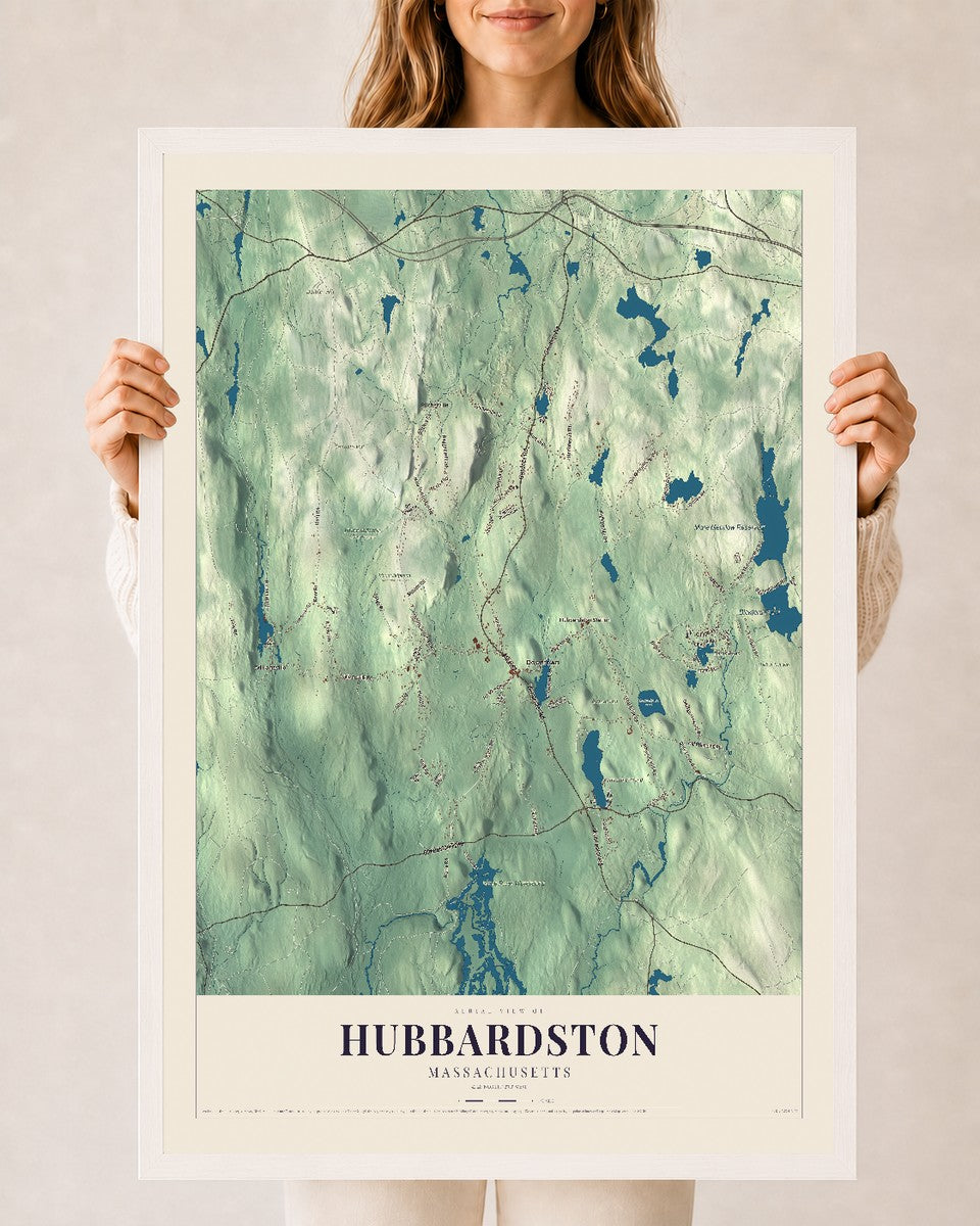 Hubbardston, Massachusetts map print - 24 x 36 white Ayous wood frame