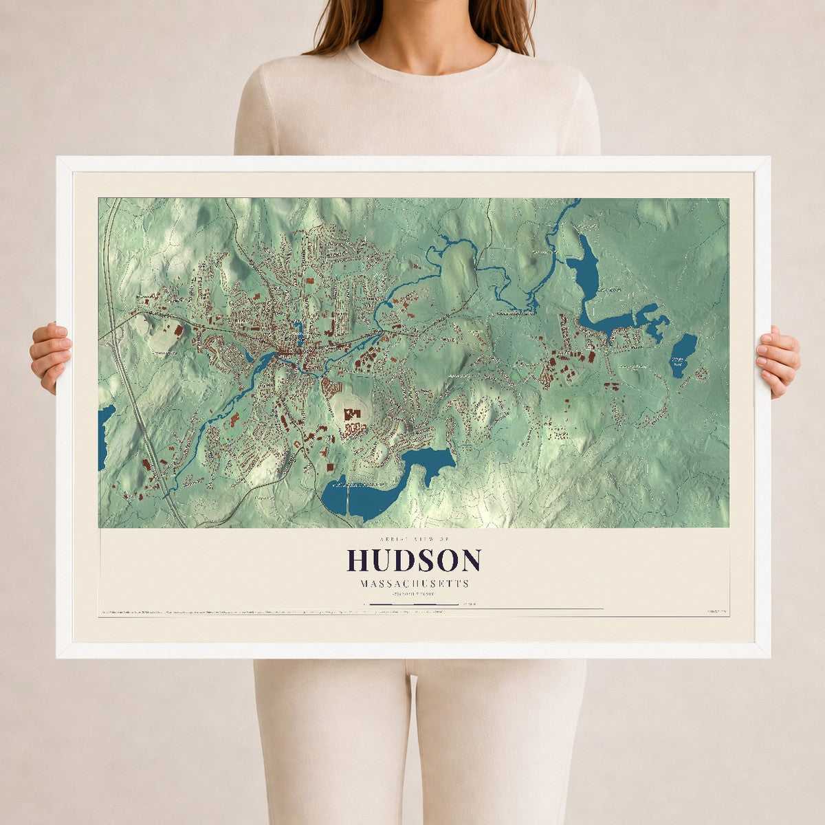Hudson, Massachusetts map print - 24 x 36 white Ayous wood frame