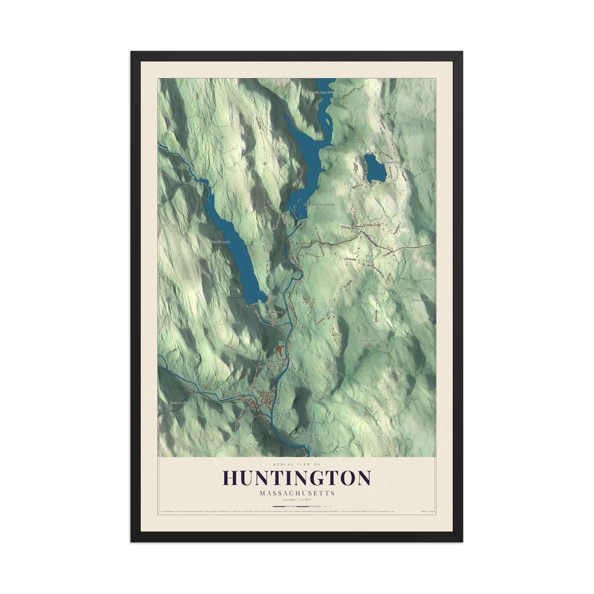 Map of Huntington, Massachusetts, 12 x 18 inch print in a black wood frame