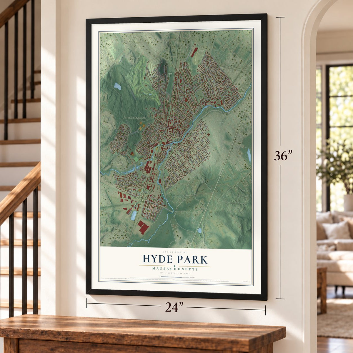 Hyde Park, Massachusetts map, 24 x 36 inch print in a black frame by a staircase