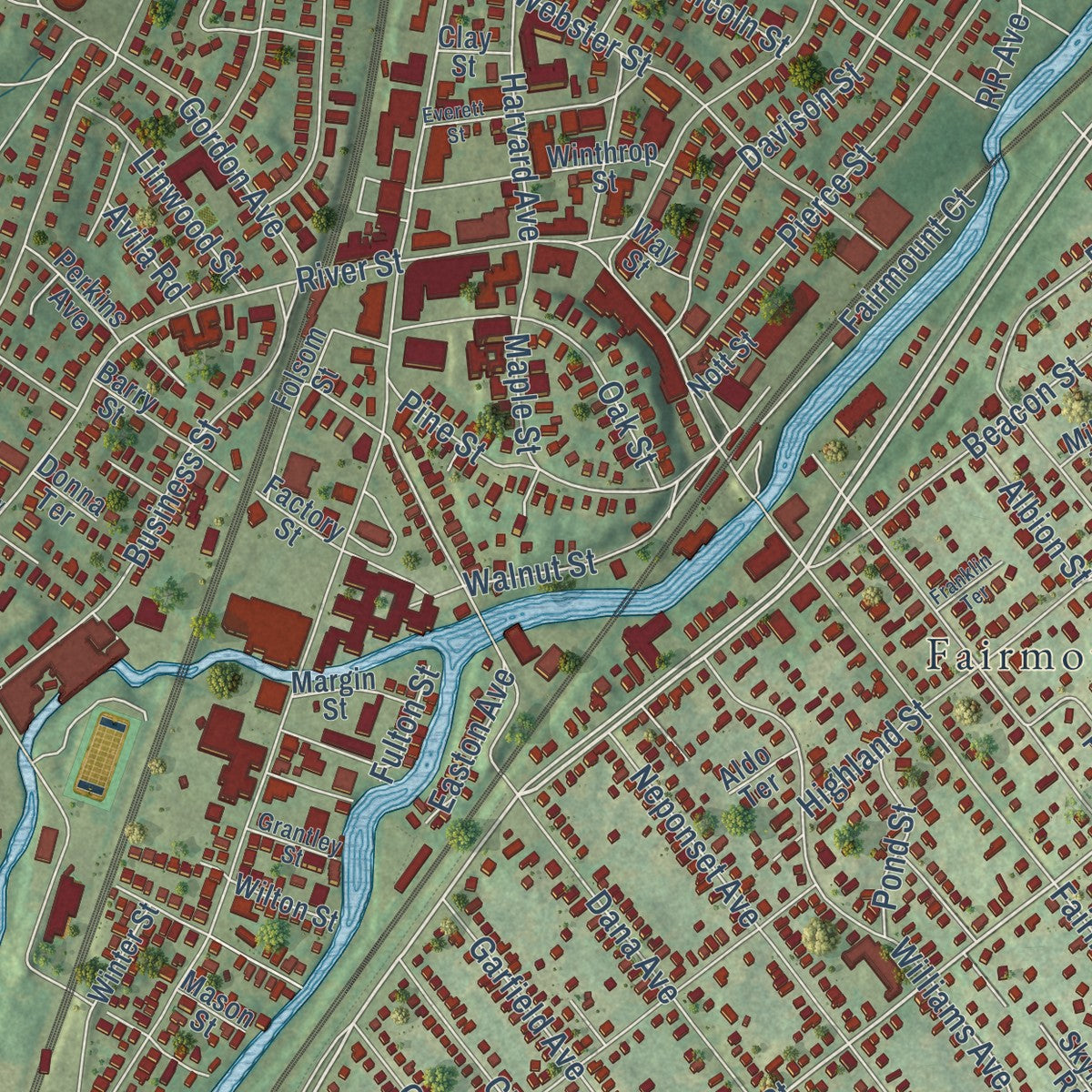 Close-up of the map of Hyde Park, Massachusetts print showing street and building detail