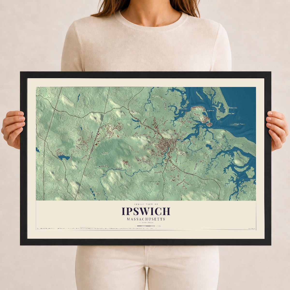 Ipswich, Massachusetts map print - 12 x 18 black Ayous wood frame