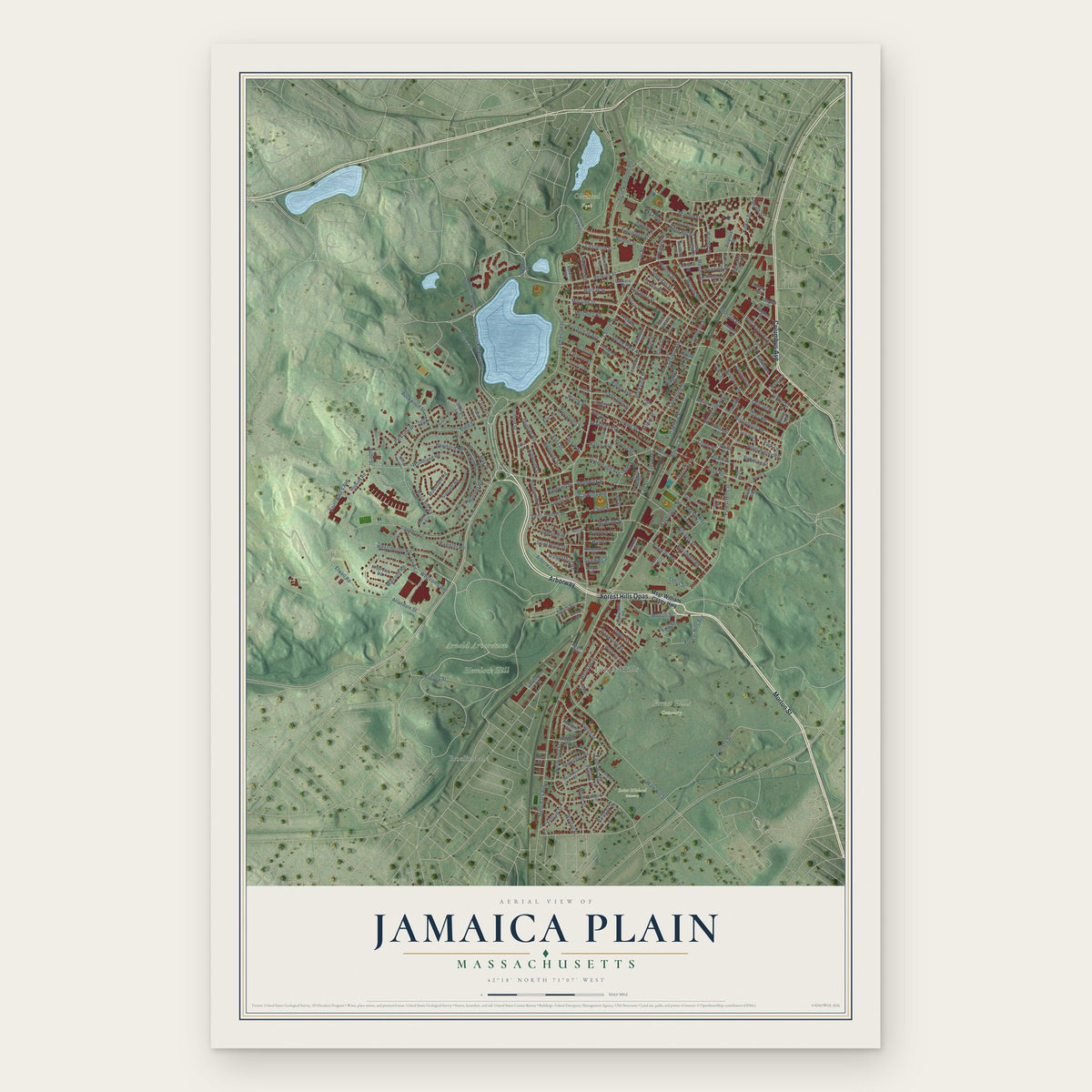Jamaica Plain, Massachusetts map print, the full design