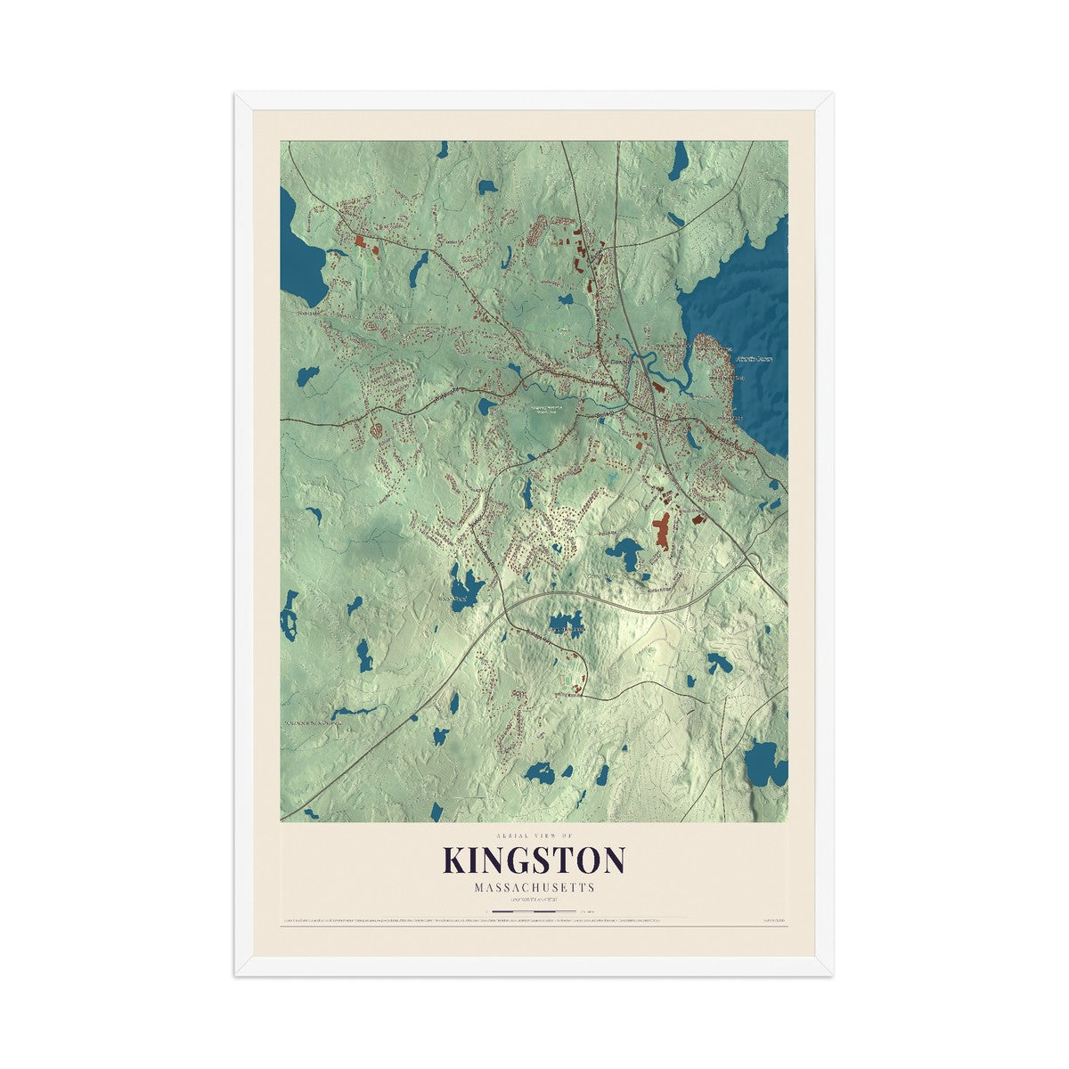 Map of Kingston, Massachusetts, 12 x 18 inch print in a white wood frame