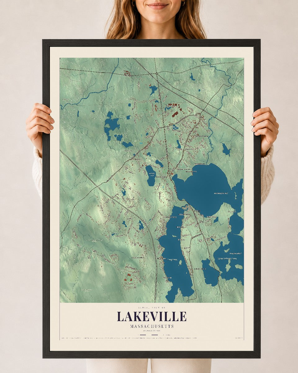 Lakeville, Massachusetts map print - 24 x 36 black Ayous wood frame