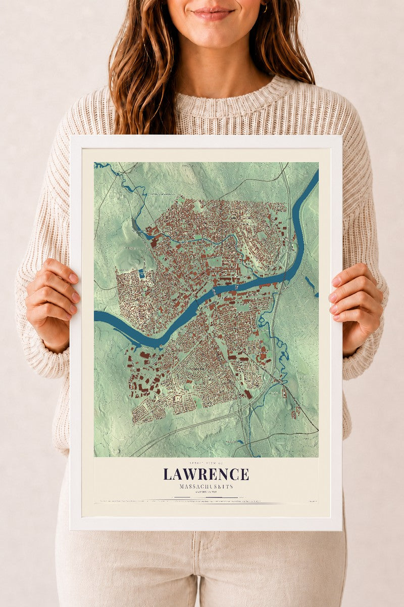 Lawrence, Massachusetts map print - 12 x 18 white Ayous wood frame