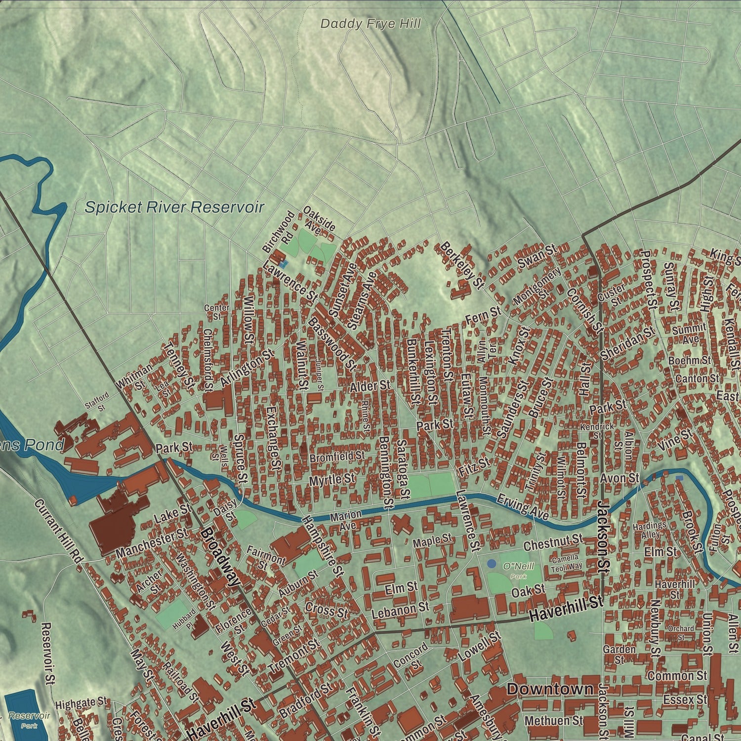 Terrain and local geography detail from the Lawrence, Massachusetts map
