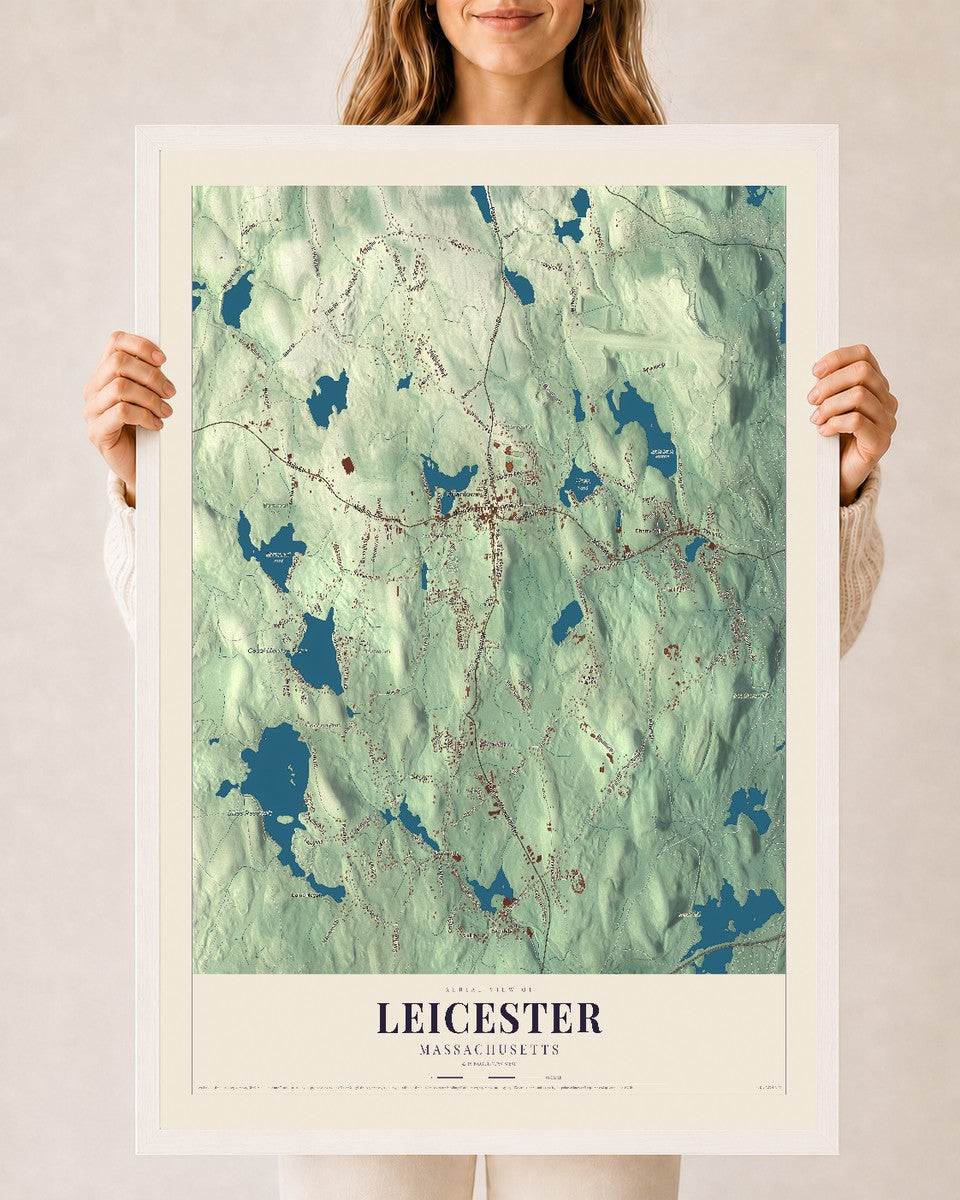 Leicester, Massachusetts map print - 24 x 36 white Ayous wood frame