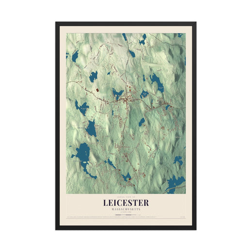 Map of Leicester, Massachusetts, 12 x 18 inch print in a black wood frame