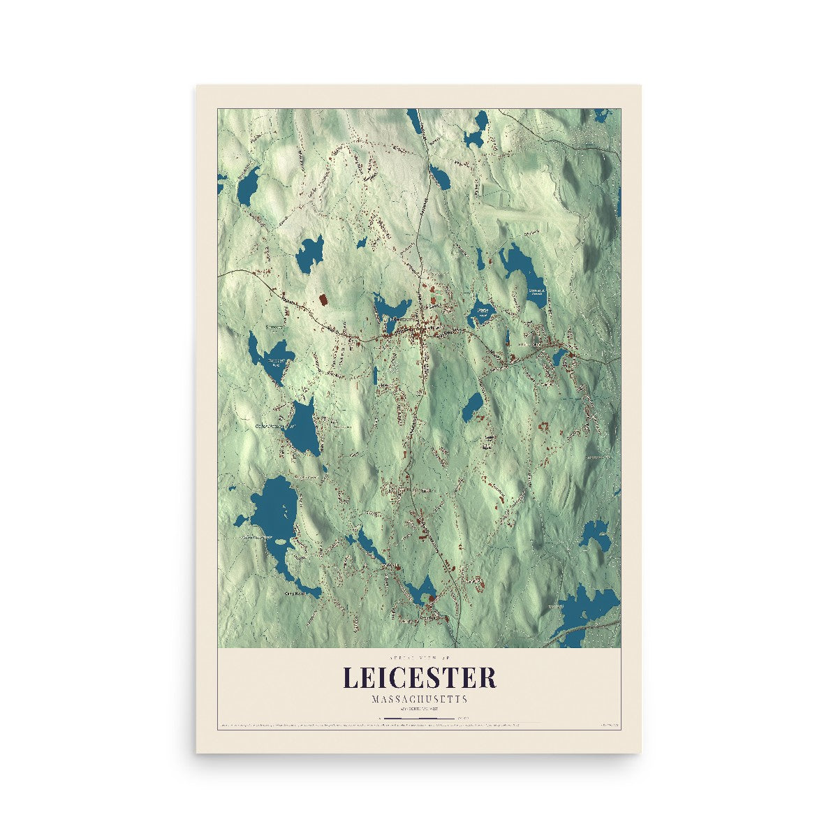 Map of Leicester, Massachusetts, 12 x 18 inch unframed archival matte print