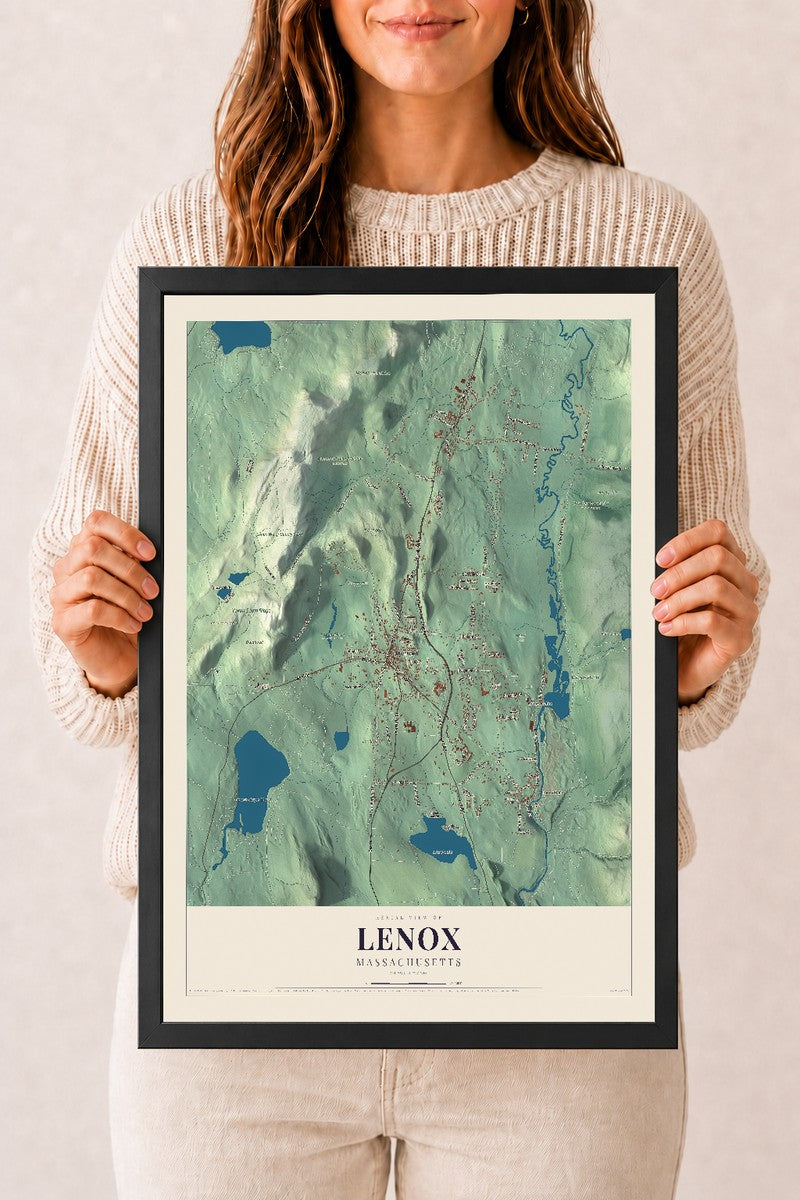 Lenox, Massachusetts map print - 12 x 18 black Ayous wood frame