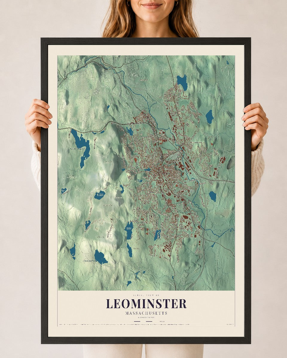 Leominster, Massachusetts map print - 24 x 36 black Ayous wood frame