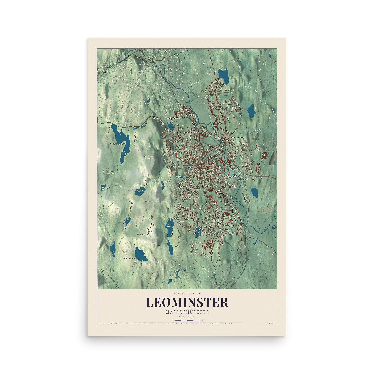 Map of Leominster, Massachusetts, 12 x 18 inch unframed archival matte print