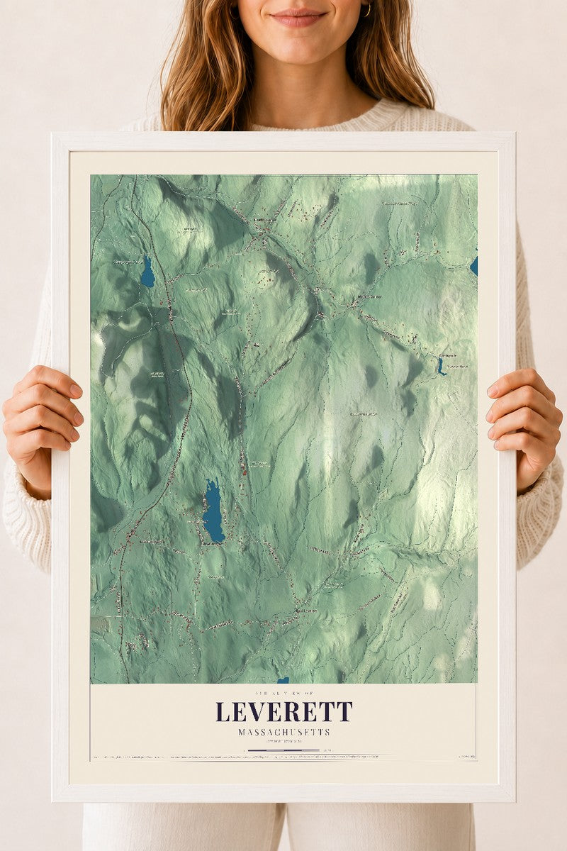 Leverett, Massachusetts map print - 18 x 24 white Ayous wood frame