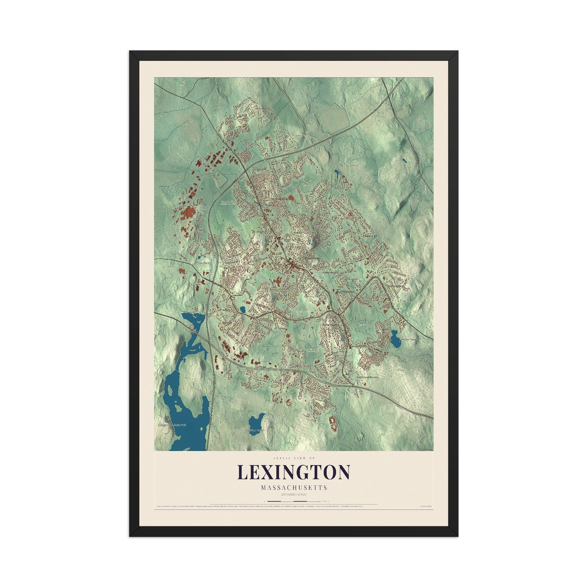 Map of Lexington, Massachusetts, 12 x 18 inch print in a black wood frame