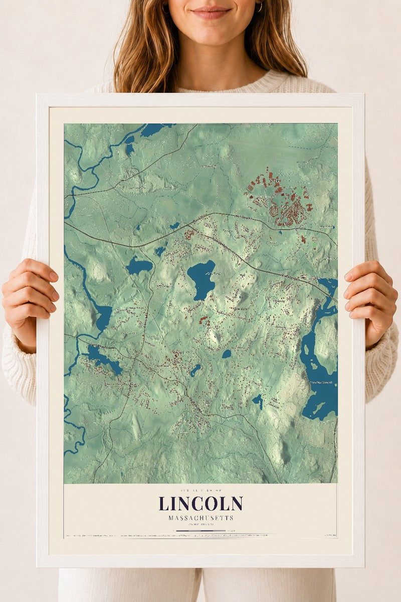 Lincoln, Massachusetts map print - 18 x 24 white Ayous wood frame