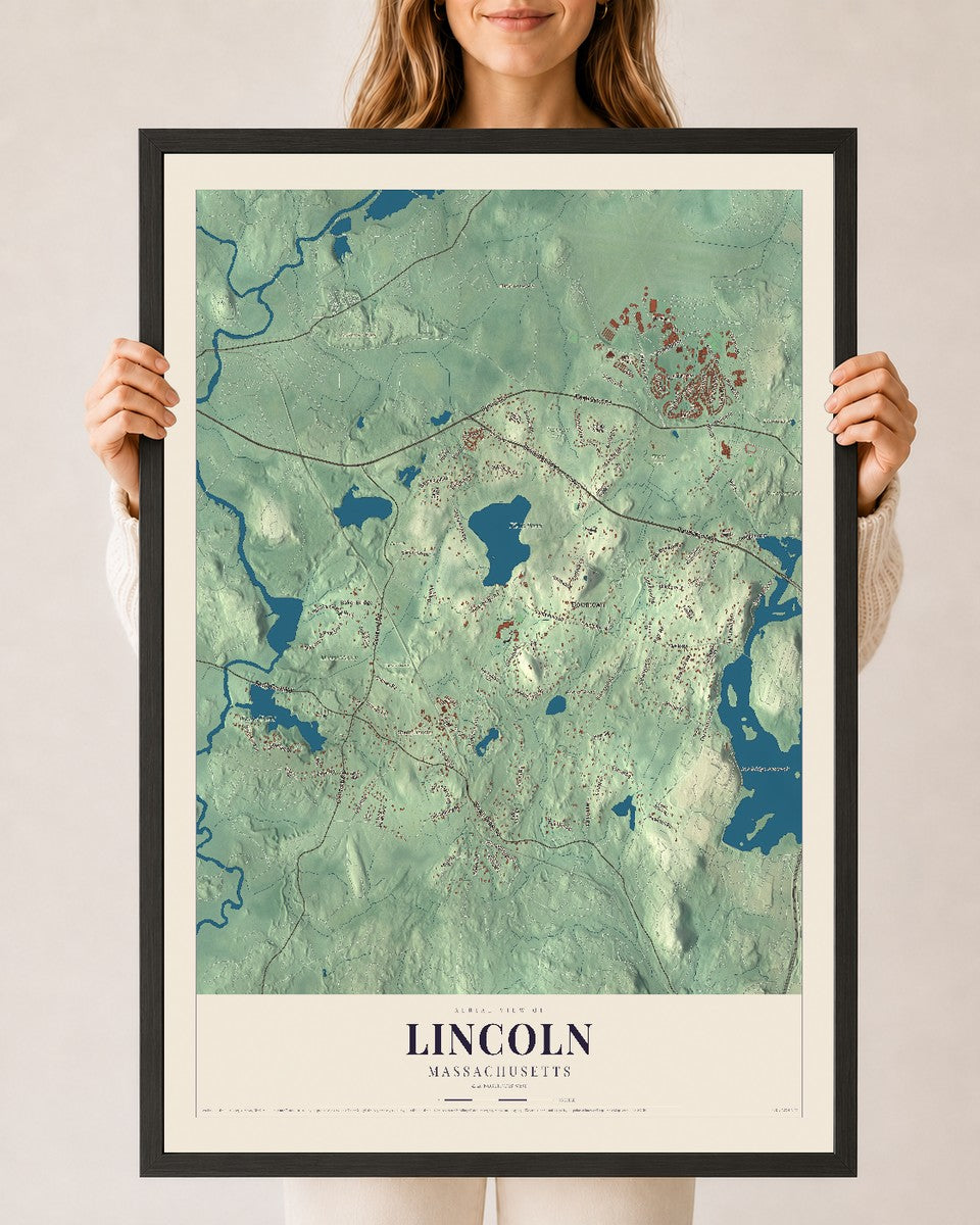 Lincoln, Massachusetts map print - 24 x 36 black Ayous wood frame