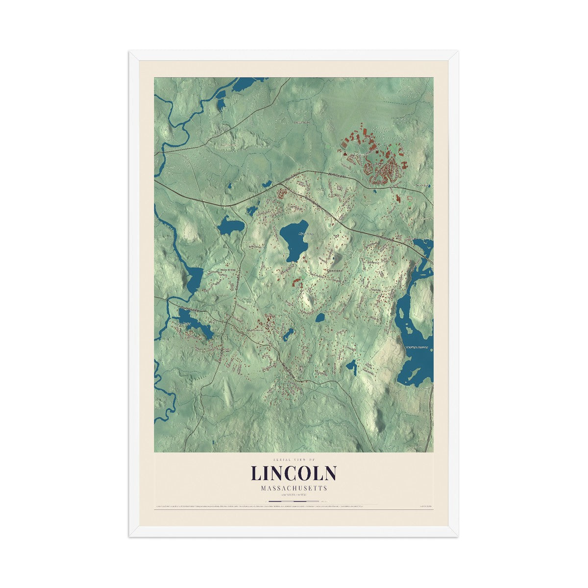 Map of Lincoln, Massachusetts, 12 x 18 inch print in a white wood frame