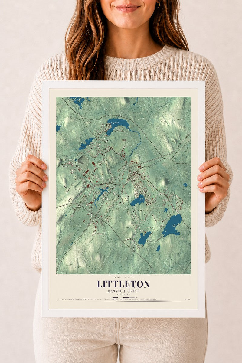 Littleton, Massachusetts map print - 12 x 18 white Ayous wood frame
