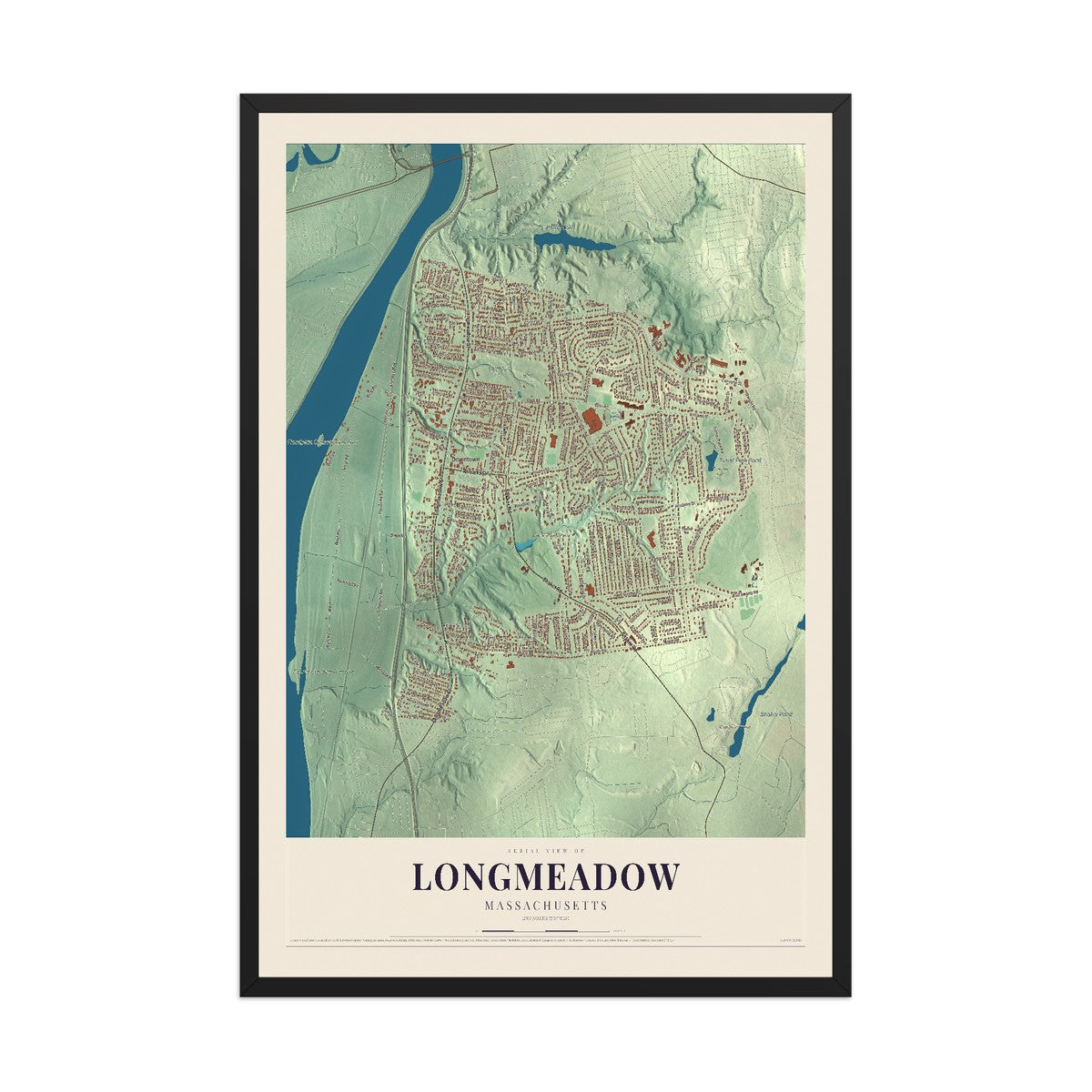 Map of Longmeadow, Massachusetts, 12 x 18 inch print in a black wood frame